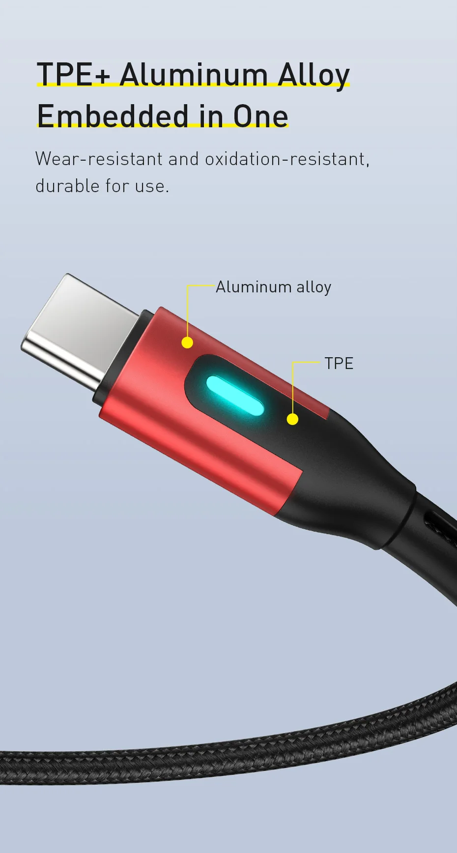 Кабель usb type C Baseus для samsung S9 S10 Quick Charge 3,0 type C светодиодный кабель быстрой зарядки для huawei P30 Pro USB-C шнур зарядного устройства