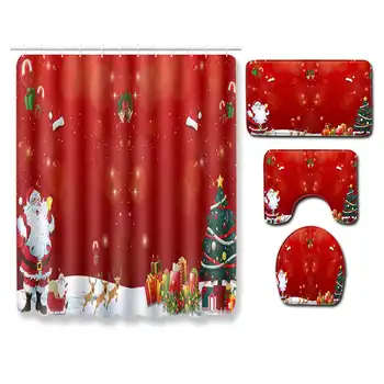 

New Year Christmas Santa Claus Waterproof Bathroom Shower Curtain Non-Slip Rug Set Pedestal Rug Lid Toilet Cover Bath Mat
