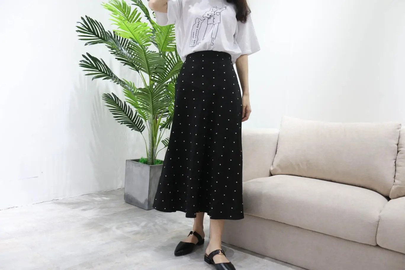 

Korean-style WOMEN'S Wear High-waisted Slimming bai da xiao Polka Dot Chiffon Full Skirt Students Casual Elegant Medium-length S