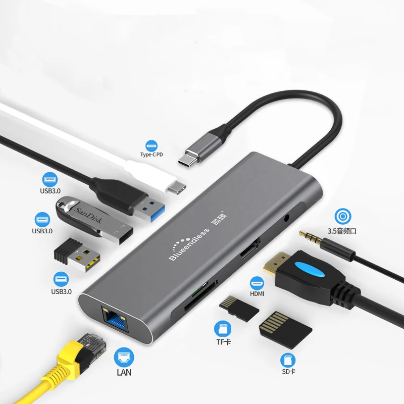 Blueendless 9 в 1 USB C Hub Multiduntion док станция 3 0 4K HD адаптер для чтения карт памяти Type PD