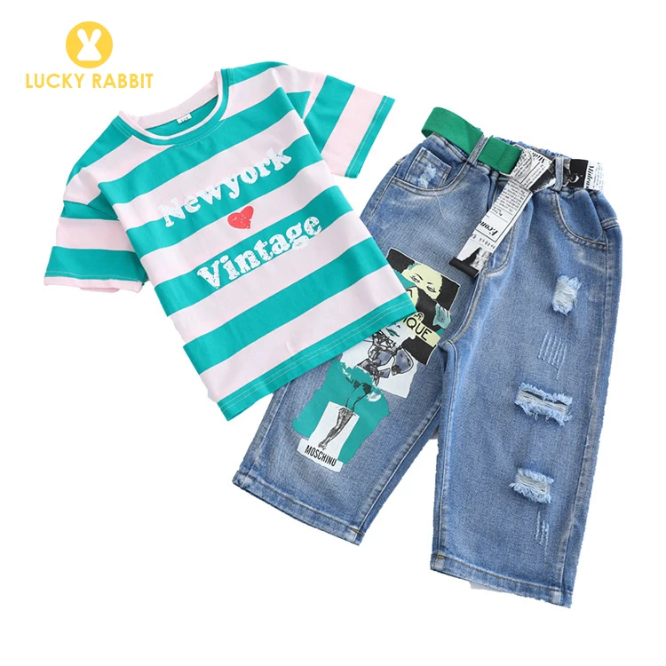 Summer Wear Striped T-Shirt + Distressed Jeans Outfit Street Style Kids Girls 2Pcs Clothes Set Kids Girl Clothing Set For Kids