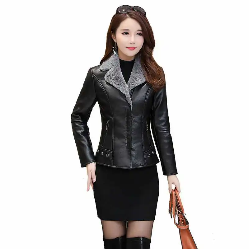 UHYTGF Winter leather jacket women Fashion plus velvet PU leather short coat Korean wild thick warm leather jacket women 3XL 208