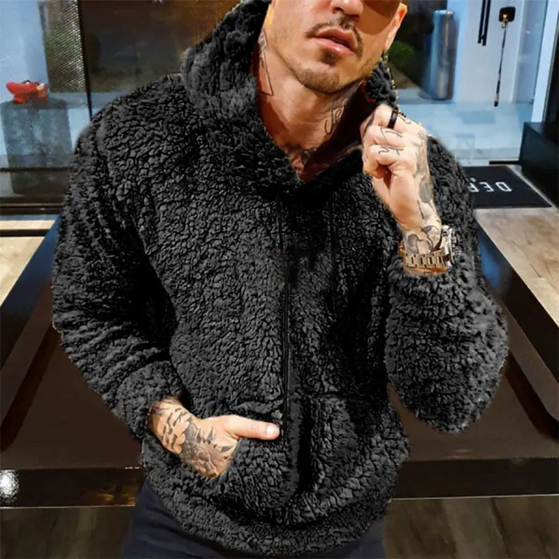 Erkek polar kapüşonlu Sweatshirt moda rahat düz renk gevşek Teddy aplike ile birlikte halat Hoodie cep sonbahar giyim