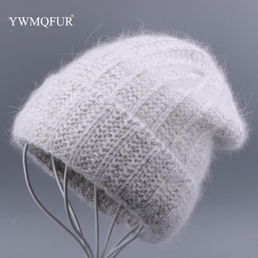 

Winter Knitted Skullies Hat For Women Vintage Bright Silk Rabbit Fur Female Beanie Caps Thick Warm Lady Gorro Ski Girl Skullcap