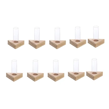 

10pcs Vintage Water Planting Glass Vase Planter Test Tube Flower Bud Vase Tabletop Glass Pots In Wooden Stand for Home Ornament