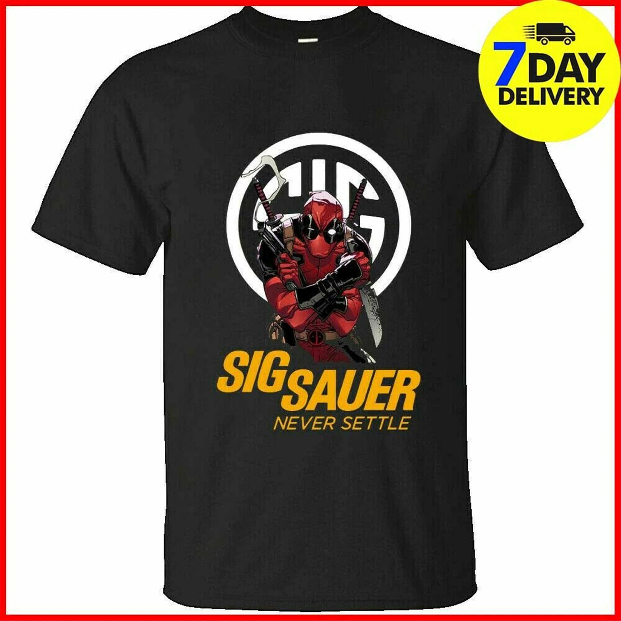 

Sig Sauer T-Shirt Never Settle Deadpool Black Cotton Full Size graphic retro Tops Tee Shirt