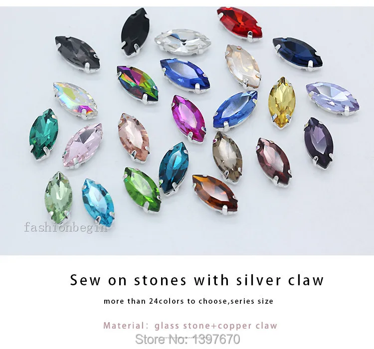 Description Picture 2 of itemAll size 24-colors Navette crystal glass Flatback sew on rhinestone stones montees silver claw button for jewelry DIY Garment
