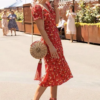 

2020 Women's Red Wrap Dress Summer Short Sleeve V Neck Flral Print Female Holiday Sexy Chic Long Dresses With Sashes