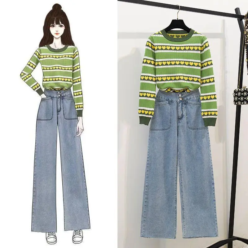 ICHOIX/вязаные топы и штаны; комплект одежды для Женский комплект 2 шт.; корейские костюмы из двух предметов; джинсовые Широкие штаны; свитер в полоску