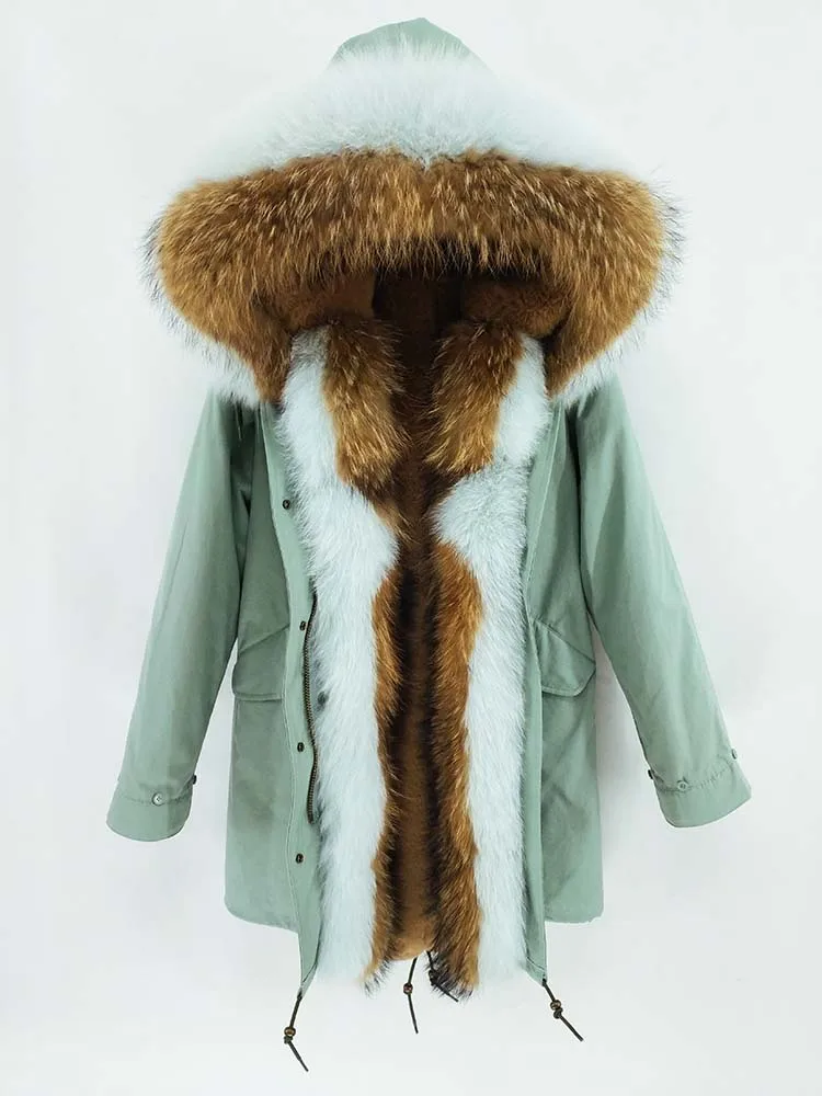 Женская длинная парка OFTBUY, с натуральным мехом енота и лисы на воротнике и капюшоне, зимняя плотная куртка, теплая верхняя одежда - Цвет: light green E