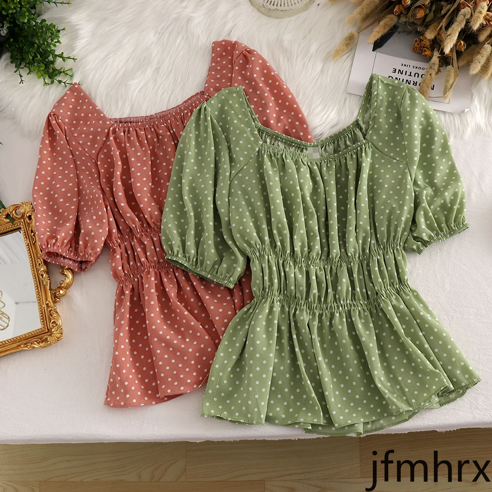 

Square Collar Pleated Polka Dot Shirt 2020 Summer New Korean Version of The Retro Waist Short Shirt Student Jfmhrx Blouse Women