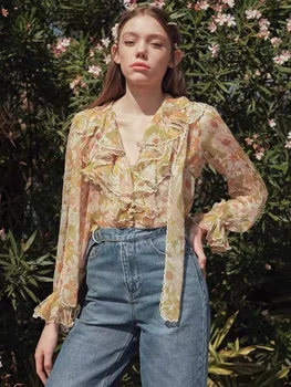 

New Arrival 2020 Spring Summer Women Print Blouse Sexy Deep V Neck Flare Sleeve Fashion Ruffles Shirt