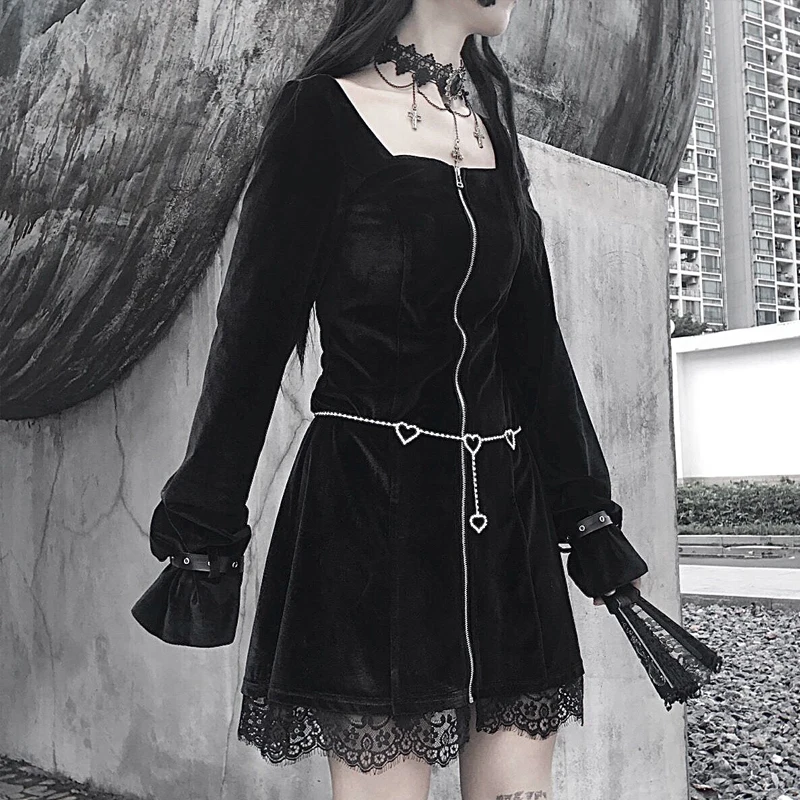 InsGoth Винтаж Черное мини-платье Для женщин в готическом стиле, уличная одежда кружевное платье с длинными рукавами в стиле пэчворк осень, для женщин вечерние платье Повседневное женская обувь