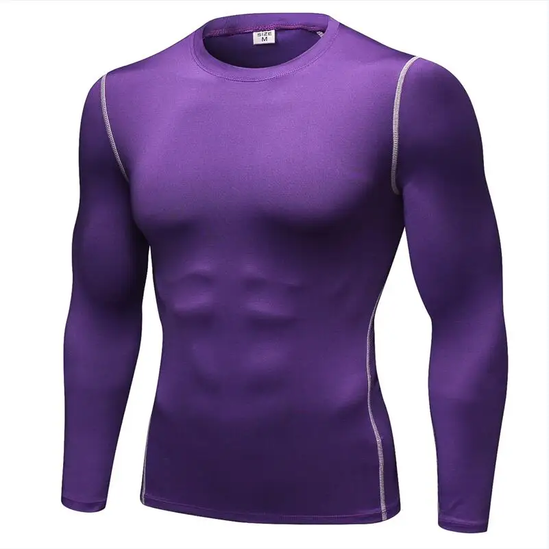 Мужские компрессионные футболки Рашгард длинный рукав сухой облегающий для спортивного зала рубашки Спорт Фитнес тренировки одежда для бега Спортивная одежда для бега - Цвет: Фиолетовый