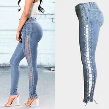 Women Jeans Multi-size Blue Slim Stretch Sexy Side Hollow-out Lace Up Casual Cotton Denim Pencil Pants Skinny Trousers