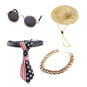 

4 Pcs Cool Pet Dog Cat Costume Fashion Sunglasses Chain Collar Straw Hat Tie Set M68E
