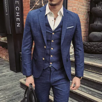 

( Jacket + Vest + Pants ) New Fashion Men's Plaid Formal Business Suit 3 Piece Set / Men's High-end Casual Suits