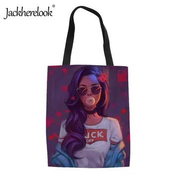 

Jackherelook Fashion Girls Printing Foldable Ladies Shopping Bags Woman Canvas Storage Grocery Bag Reusable Eco-friendly Bag