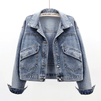 

Spring Autumn Women Denim Jacket Vintage Washed Long Sleeve Basic Coat Streetwear Loose Short Jeans Big Pocket Outerwear Female