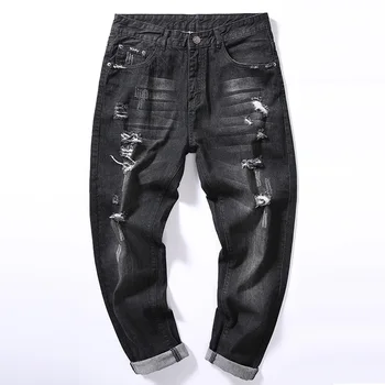 

2020 Japan Style Mens Hole Ripped Jeans Black Mens Casual Classical Pencil Denim Pants Large Size 42 Fashion Mid Mens Pants