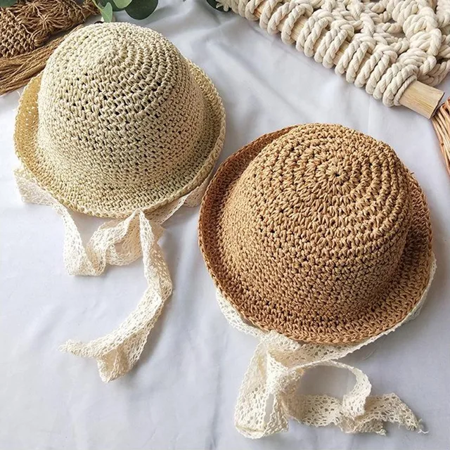 Summer Korean Baby Boy Girl Straw Hats Lace Strap Crochet Children Handmade Foldable Sun Cap Lace Beach Sun Outdoor Hat 1