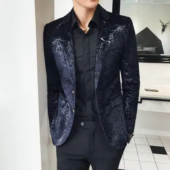 

Printed Velvet Mens Blazer for Prom Party Mens Tops Suit Jacket Notched Lapel New Fashion 2019 Male Coat 5XL MJ007