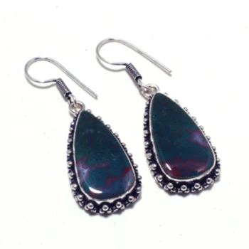 

Genuine BloodStone Silver Overlay on Copper Earrings , Hand made Women Jewelry Gift, E5270