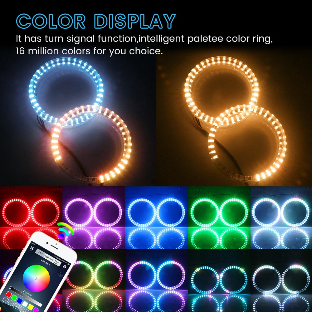 YM E-Bright, 1 пара, RGB Освещение, ангельские глазки, приложение, Halo, кольца, светодиодный, BLE, Bluetooth, управление, 80 мм, 95 мм, цветной, для автомобиля, Стайлинг, модифицированный