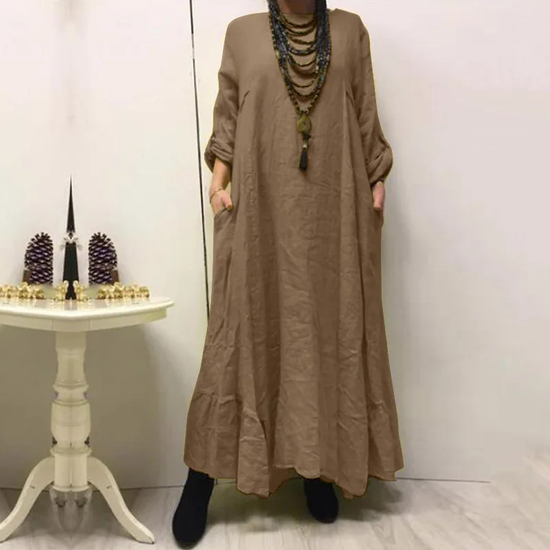 Womens Autumn Sundress ZANZEA 2020 Elegant Solid Maxi Dress Casual Long Sleeve Vestidos Female O Neck Robe Femme Plus Size 5XL