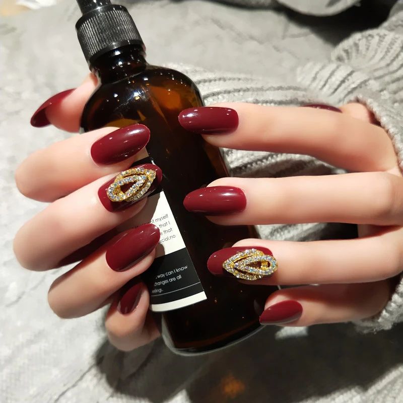 24pcs Faux Nail 3D Wine Red Diamond Wedding False Fake Nail Bridal Nails Care MPwell