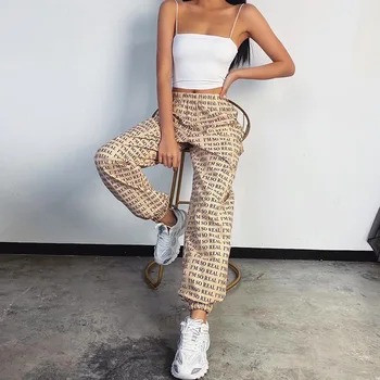

Women Letter Print Joggers Loose Casual Street Fashion Cotton Trousers Spring Autumn Elastic Waist Femme Sweat Pants Sweatpant