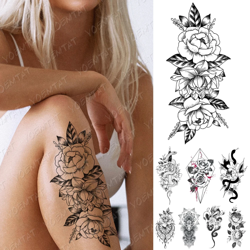 

Waterproof Temporary Tattoo Sticker Line Rose Peony Snake Flash Tattoos Simple Flowers Body Art Arm Fake Sleeve Tatoo Women