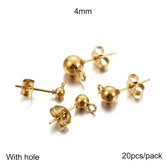 20-100pcs/lot Gold Stainless Steel Blank Post Earring Studs Base Pins With Earring Plug Findings Ear Back For DIY Jewelry Making With hole 4mm