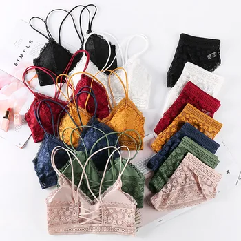 

2020 new women's lace bra set seamless underwear cross shoulder strap gathered rimless bra women's underwear