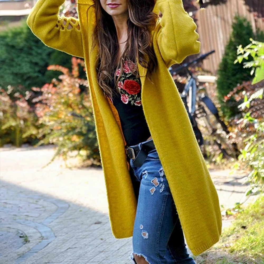 Yellow Женский открытый передний Кардиган Свитера Вязаная верхняя одежда, пальто однотонный длинный рукав полый свитер с капюшоном плюс размер - Цвет: Yellow