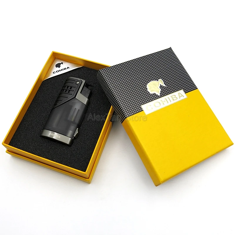 COHIBA популярная ветрозащитная Зажигалка для сигар, 3 струйный фонарь, зажигалка для сигарет с огненным табаком, зажигалка для сигарет с обрезкой для сигар и подарочной коробкой