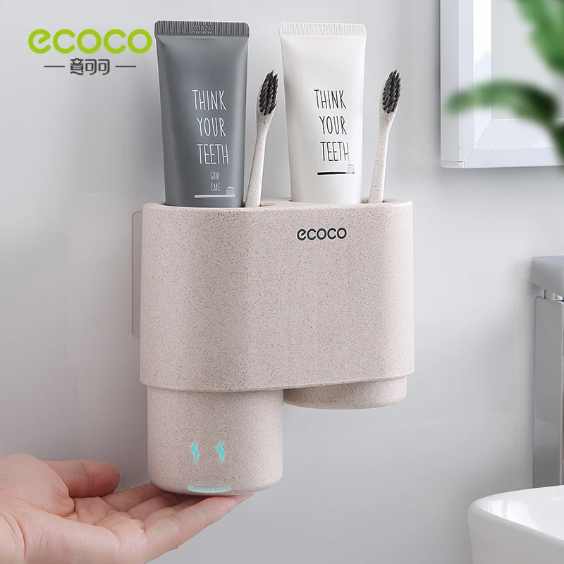 ECOCO-dispensador automático de pasta de dientes, soporte de montaje en pared, a prueba de polvo, accesorios de baño, Juego de 2 tazas