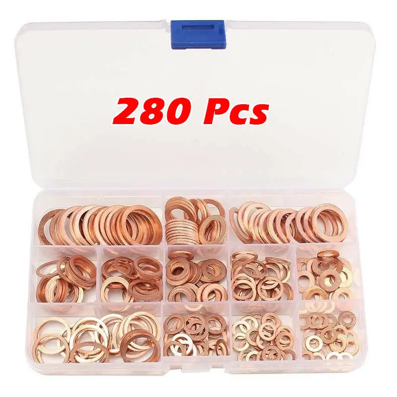 

280 pcs Assortment Copper Washers Set Sump Plug Solid Washer Kit With Plastic Box 12 Sizes