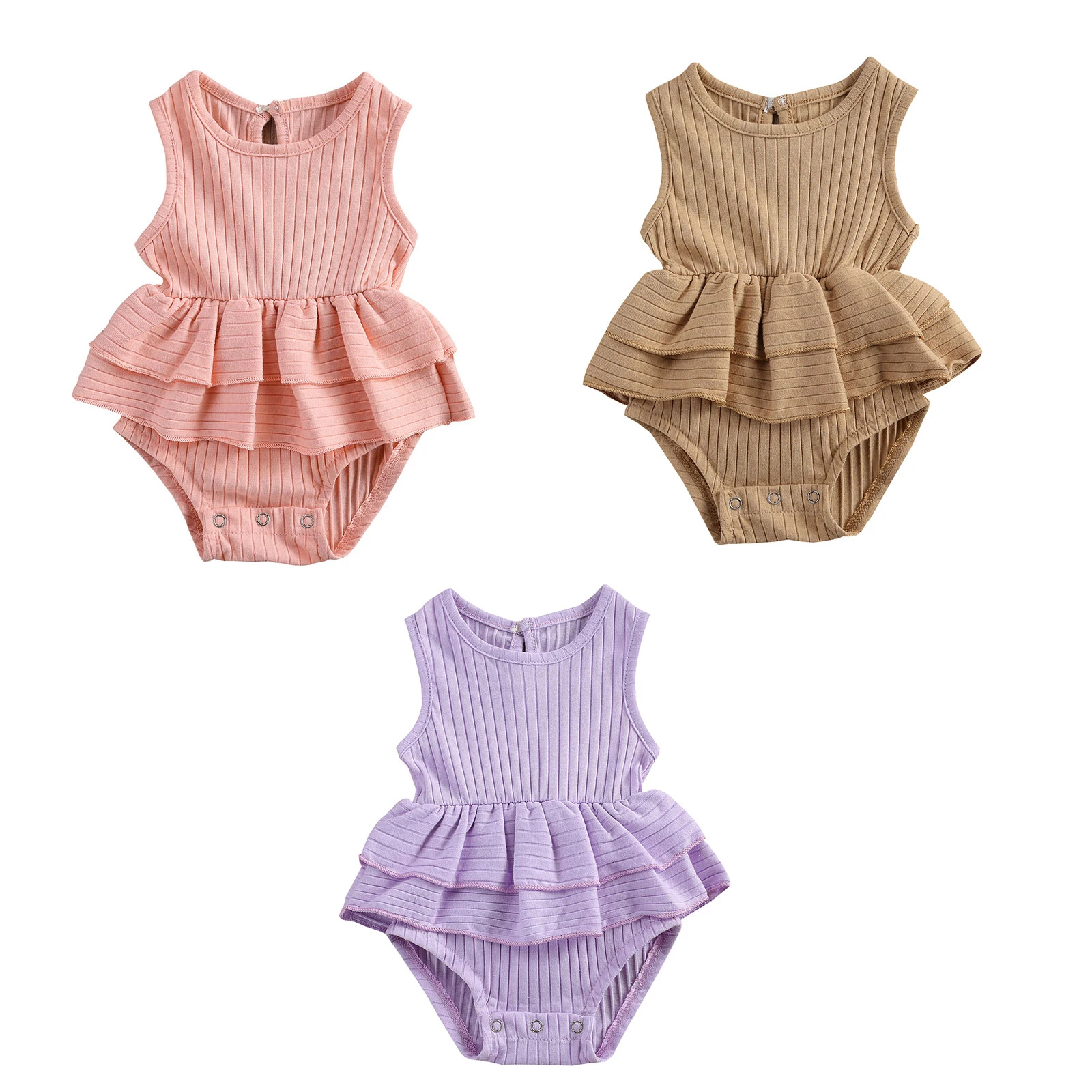 Baby Clothing Set Summer Newborn Baby Girls Casual Ribbed Rompers Toddler Infant Girls Loose Ruffle Sleeveless Round Neck Layered Cotton Playsuit baby clothes set gift