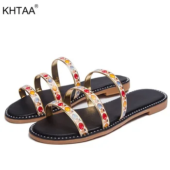 

Women Flats Slippers Summer Mixed Color Bohemia Striped Ladies Open Toe Slides Soft Women's Beach Shoes Female Casual 2020 New