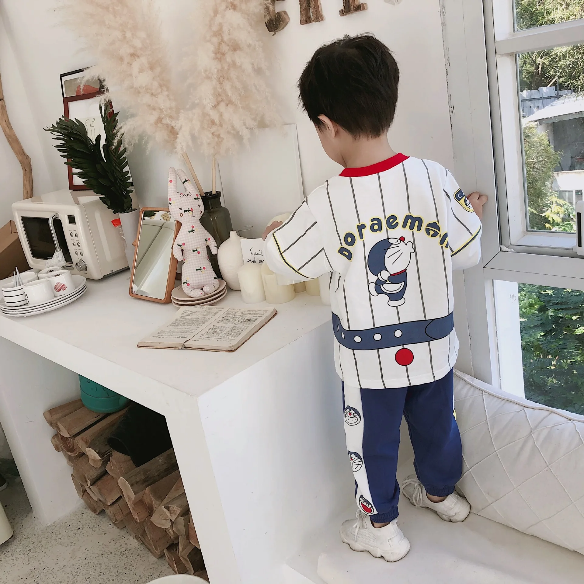 Tonytaobaby/Новая Осенняя детская одежда для мальчиков и девочек костюм с рисунком хлопковая футболка и штаны