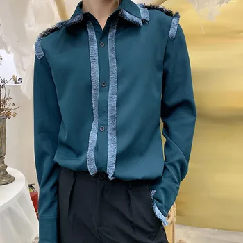 

Men Green Black Vintage Tassel Long Sleeve Shirt Male Business Fashion Dress Shirt Stage Clothing