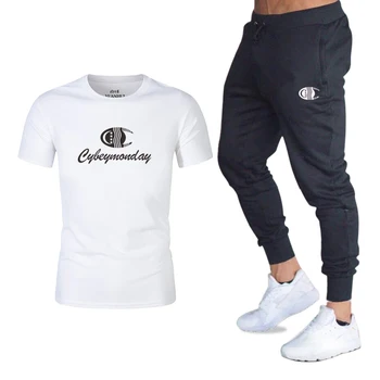 

2 Pcs/Sets Sports T-Shirt Men's Suits Running trousers +Jogging Pants Mens Sportswear Suit Soccer Play Gym Sets New 2XL