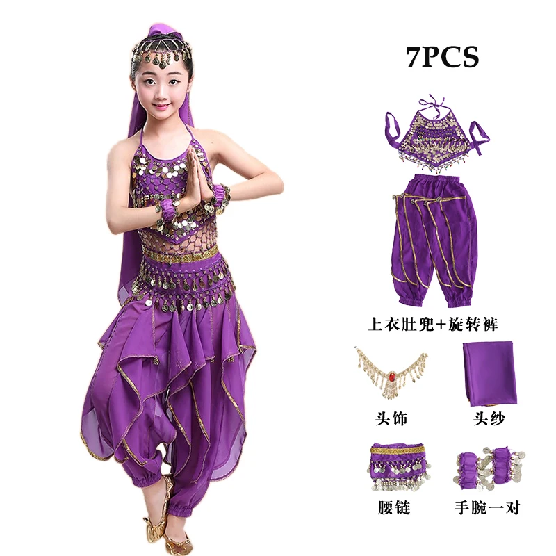 as picture 7pcs Детские костюмы для танца живота для девочек, детские костюмы для танцев Болливуда, индийские ювелирные изделия, Одежда для танцев, комплект одежды из 4 предметов Dqs2579 - Цвет: as picture 7pcs