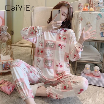 

CAIYIER Autumn Winter Round Neck Nightwear Thin Long Sleeve Trousers Sleepwear For Ladies Cartoon Pajamas Set Leisure Homewear