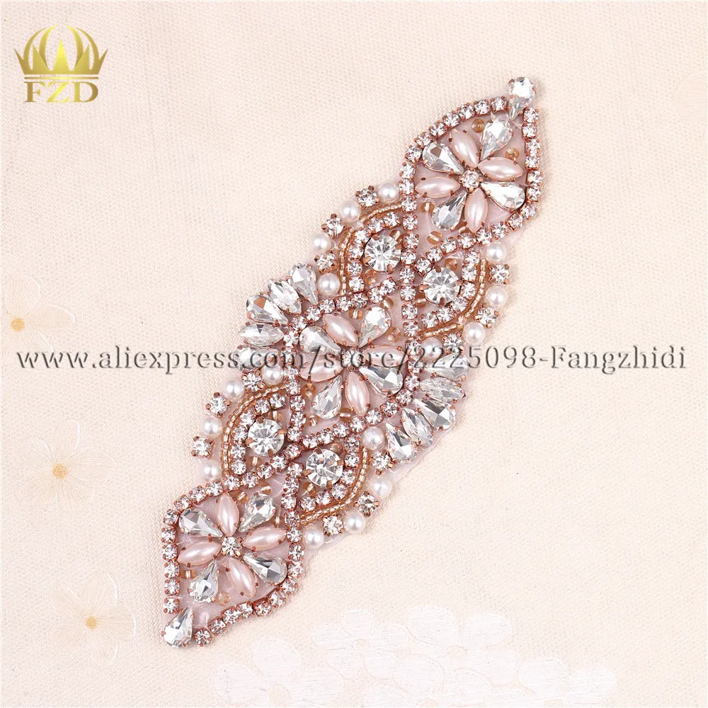 

(30pieces) Wholesale Handmade Hot Fix Sew On Beaded Pearls and Crystal Rose Gold Bridal Applique for Wedding Sash Headbands
