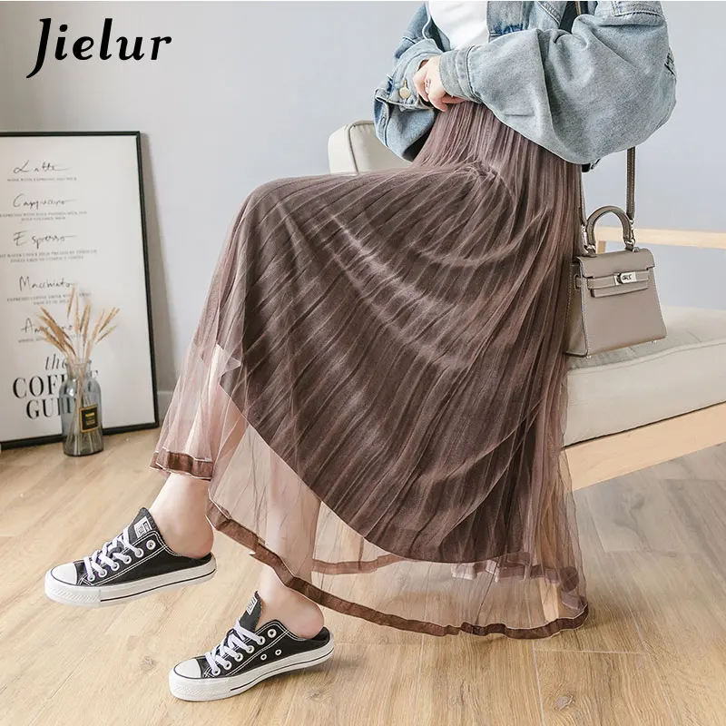 Coffee Jielur новые сетчатые женские юбки 7 цветов элегантные женские свободные плиссированные юбки модные милые велюровые корейск - Цвет: Coffee