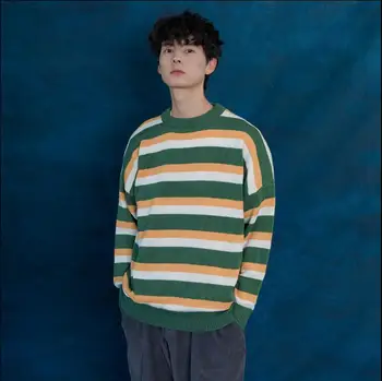 

Good quality! autumn and winter men's striped Contrast color thick knit sweater o-neck pullovers sweater Korean coat tb3818