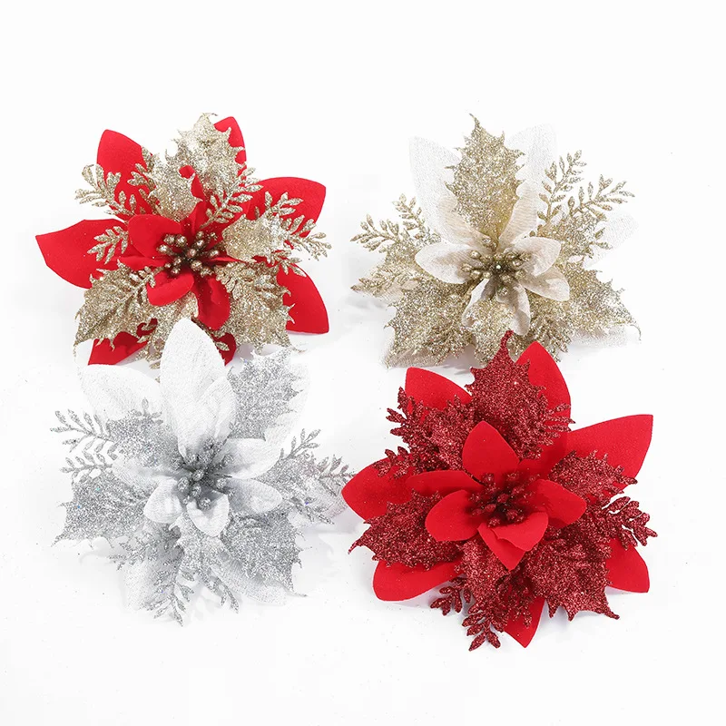 5pcs Artificial Christmas Flowers Glitter Fake Flowers Merry Christmas Tree Decoration Home DIY Xmas Gifts Ornament Navidad