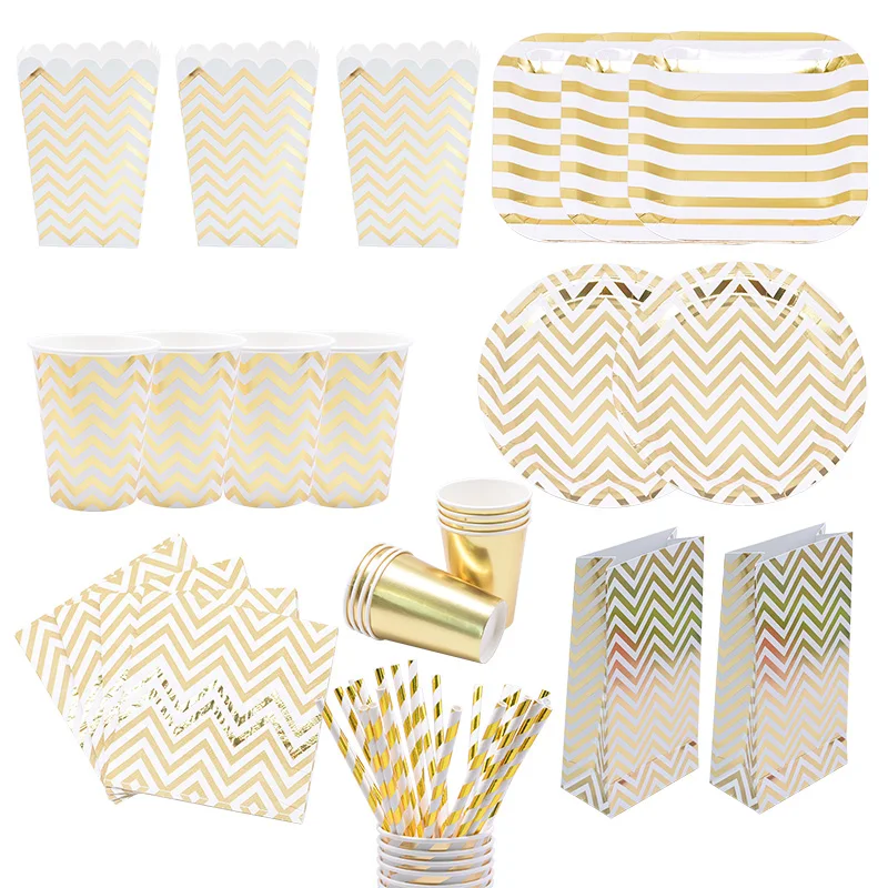 cheap Gold Party Disposable Tableware Disposable Cup Plate Straws Paper Box Birthday Party Decor Baby Shower Festival Party Supplies